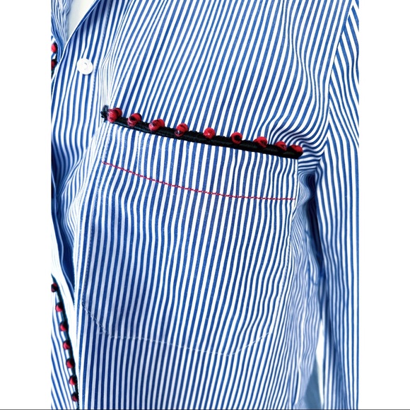Stripes Blue and White Button Down Shirt with Red embellished piping detail - Picture 3 of 7